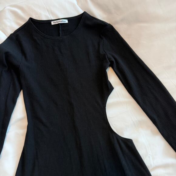 Reformation Kensey Cut Out Jersey Mini Dress Ribbed Size S Black - Picture 3 of 7